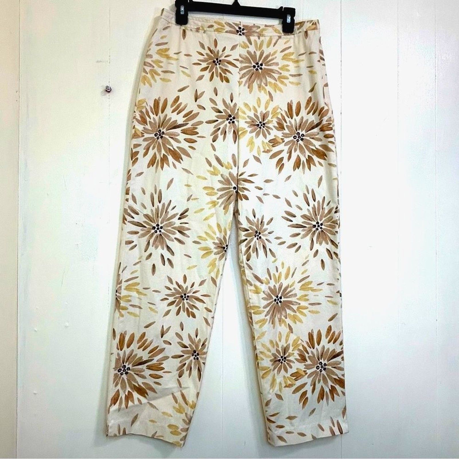 Talbots Vintage Pants Size 12 Tan Floral Stretch Cotton Hight Waist Ankle Pants